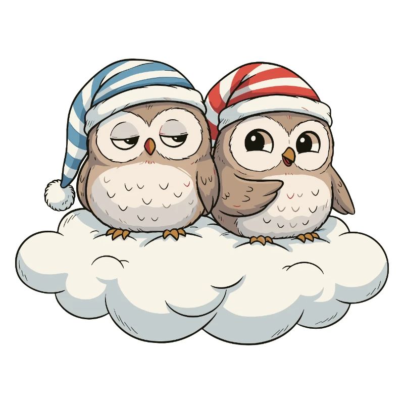 Duo de chouettes nuages avec des chapeaux pointus