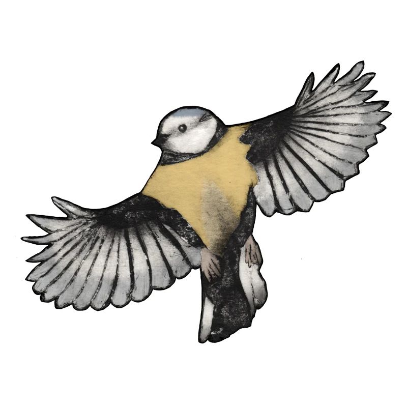 Bunter Vogel im Flug - Druckvorlage handgeschnitzt