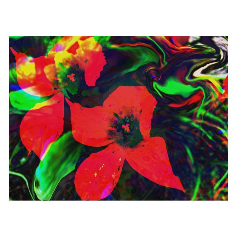 Fleurs rouge fluo dans un tourbillon de couleurs