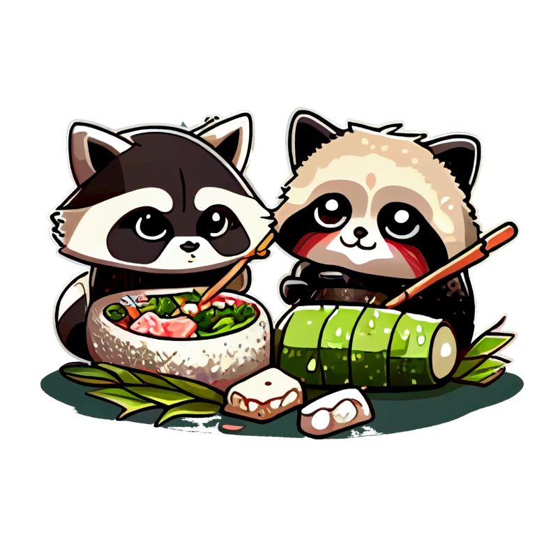 De mignons ratons laveurs comiques mangent des sushis ensemble