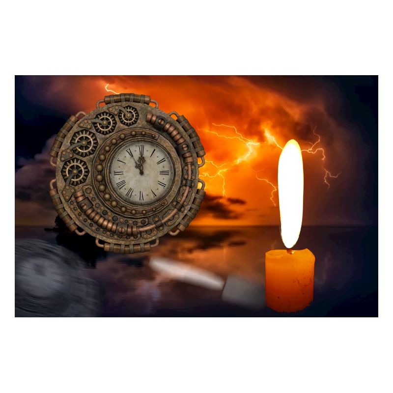A clock illuminated by candles.