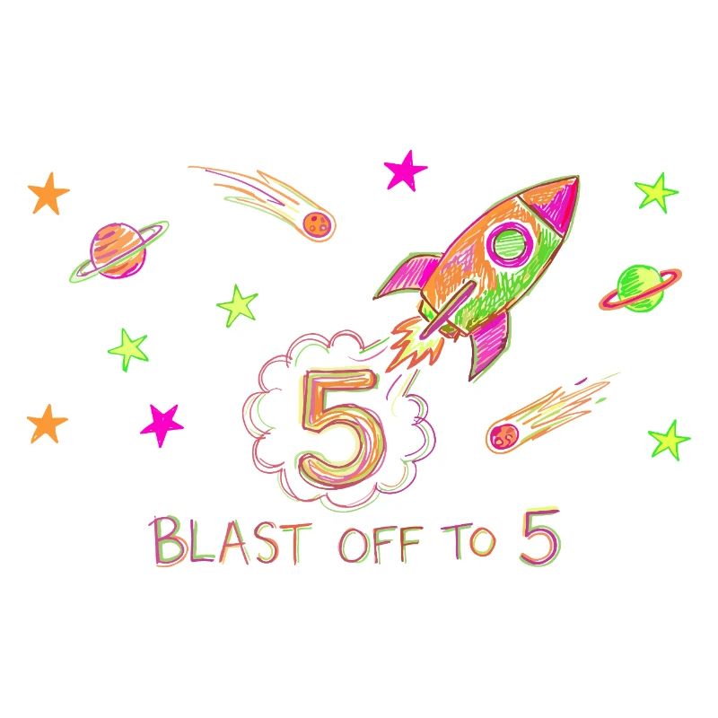 Blast Off To 5 Rocket Drawing
