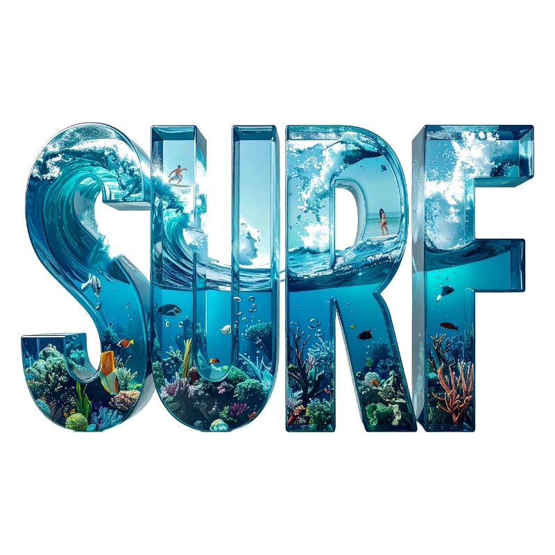 SURF – 3D Water Letters with Surfers & Fish