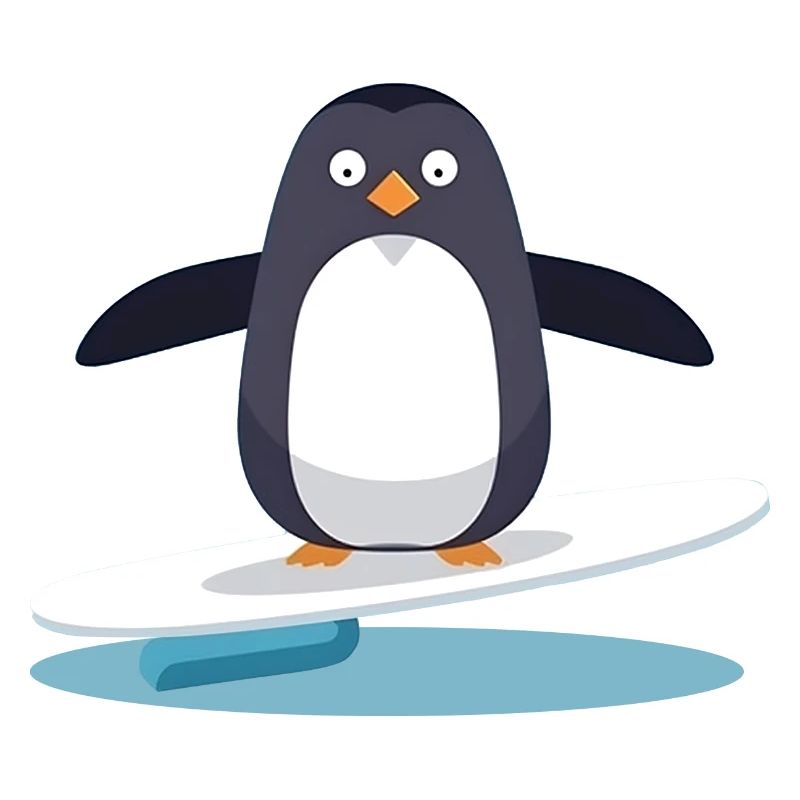 Pingouin de surf mignon sur une planche de surf