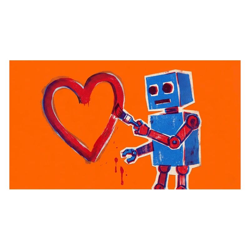 Robot heart on neon orange background