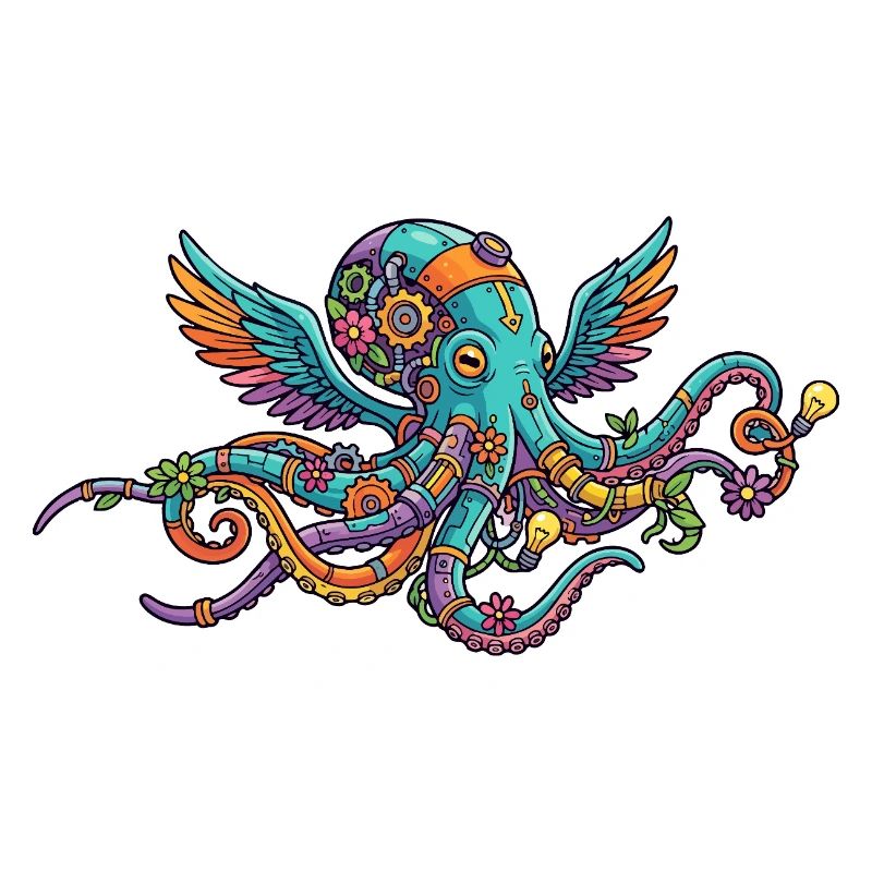 Créatures fantastiques de pieuvre steampunk colorée avec des ailes