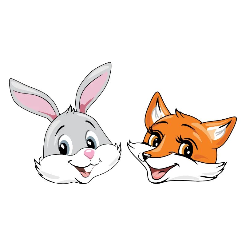 Smiling happy rabbit and fox heads
