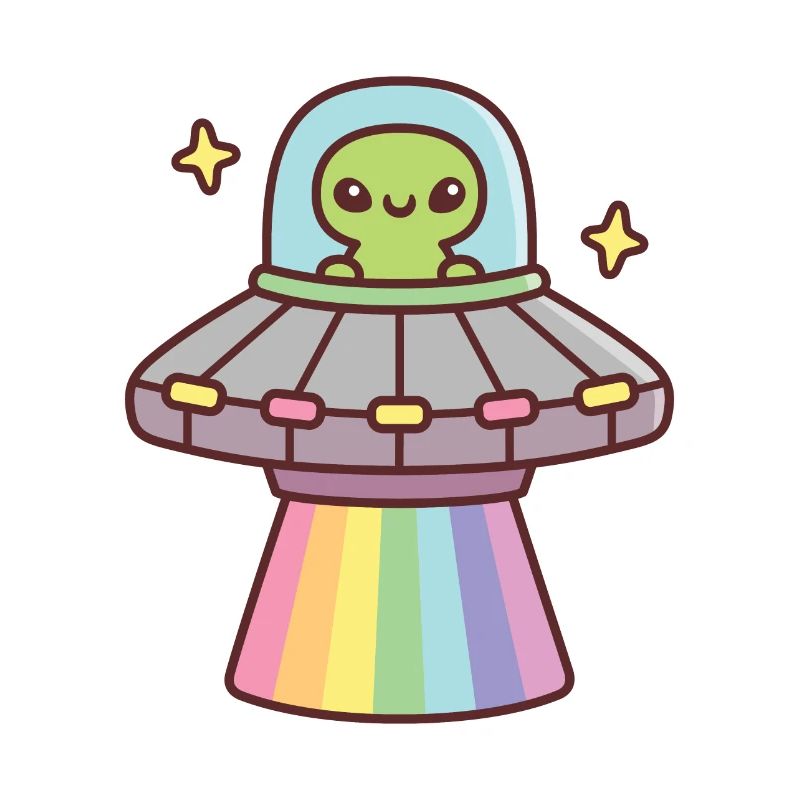 Cute Alien In UFO Spaceship With Rainbow Ray