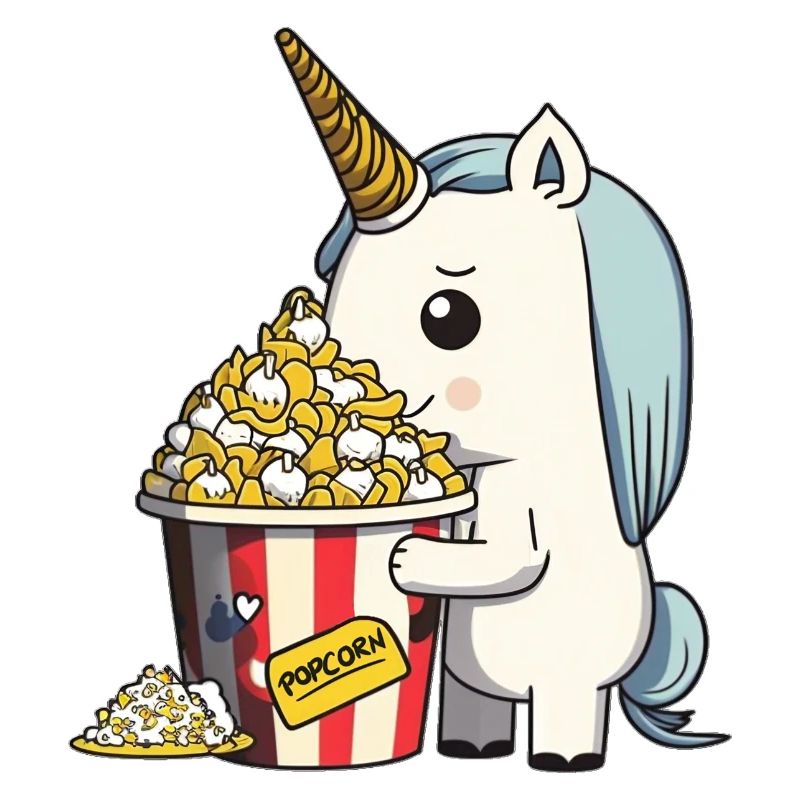 Colorful, cute unicorn eats delicious butter popcorn