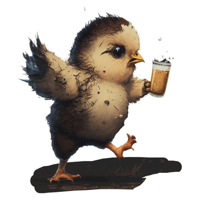 Cute bird drinks a beer