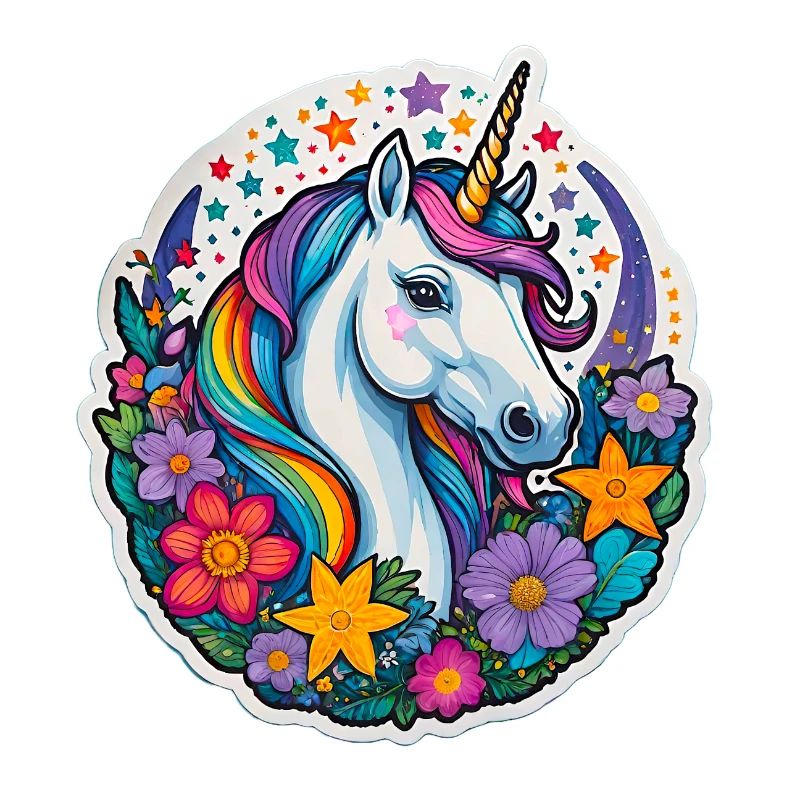 Regebogen Einhorn mit Blumen und Sternen