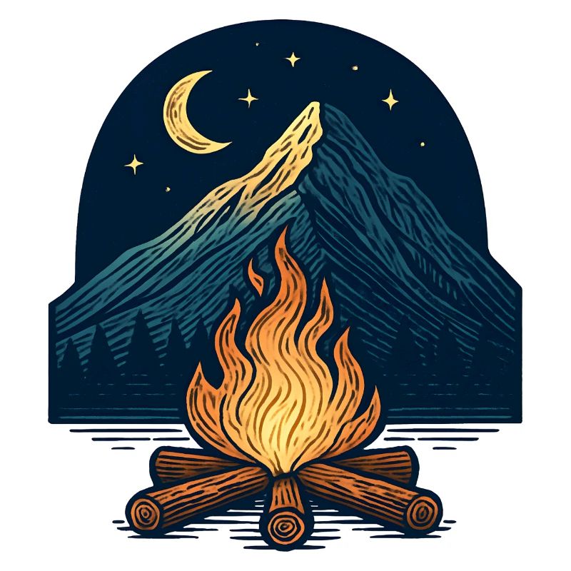 Mountain fire under the moon and stars