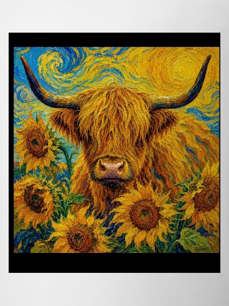 Sunny Highland Cow Between Sunflowers