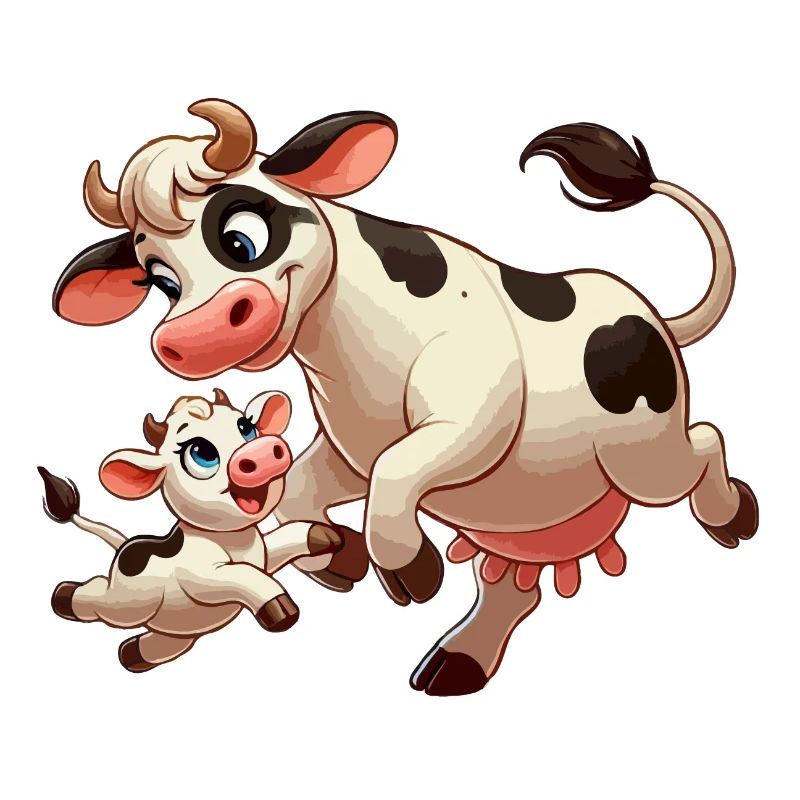 Vache mère avec enfant gambadant