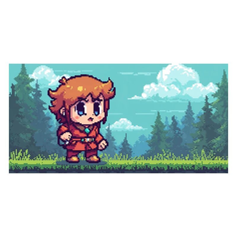Héros pixel dans la scène du jeu d’aventure en forêt