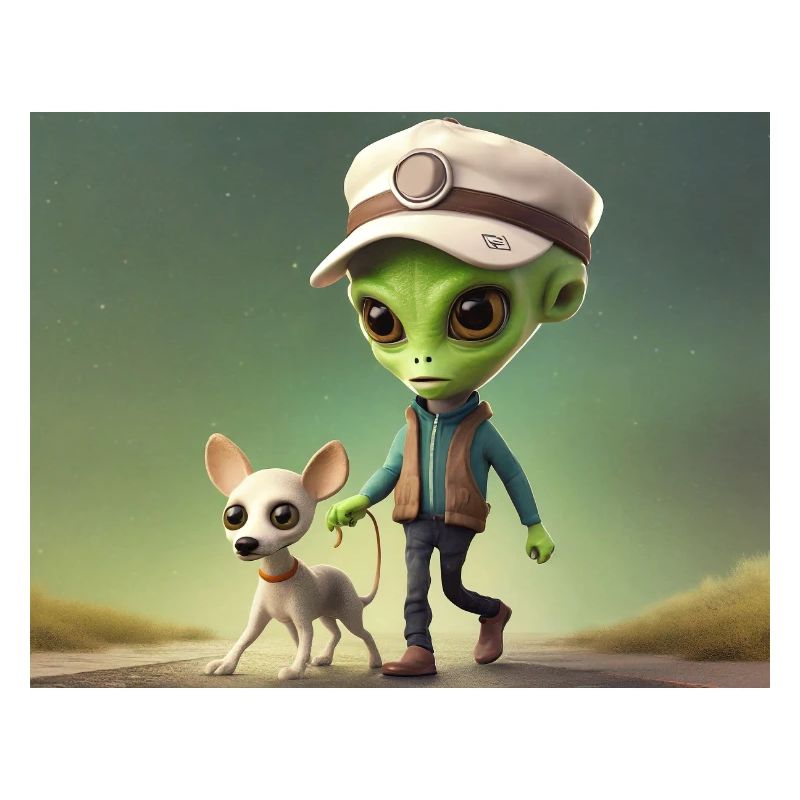 mignon petit extraterrestre rétro vert sortir le chien
