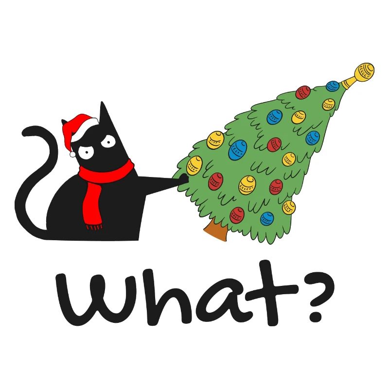 Drôle de chat noir poussant l’arbre de Noël sur le chat