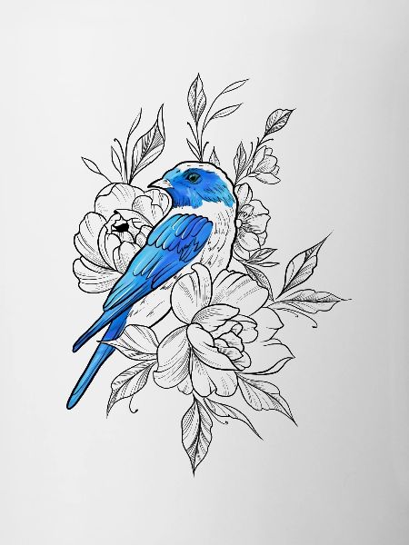 Blue Bird Outline With Flowers