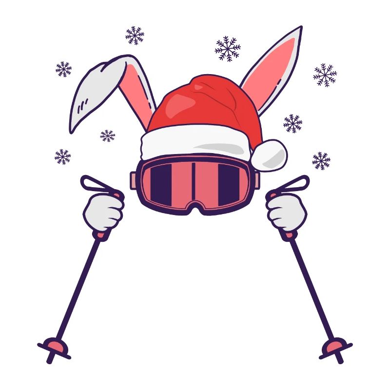 Lapin de ski Lapin de ski avec chapeau de Père Noël et bâtons de ski