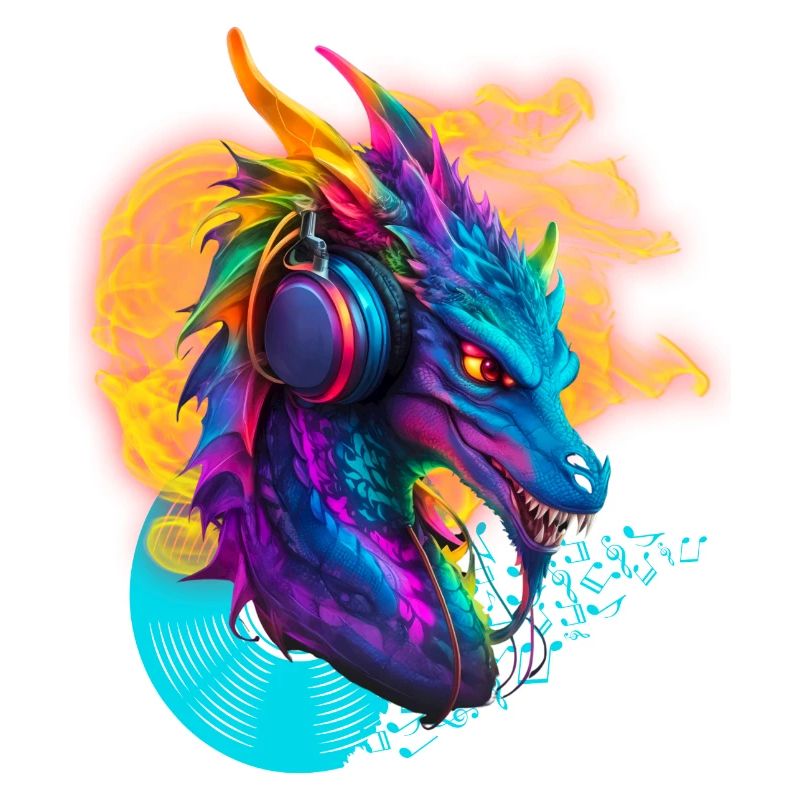 DJ-Drache mit Kopfhörerfeuer-Schallplattennotizen