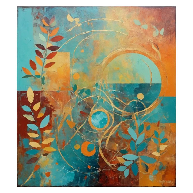 Composition abstraite avec des feuilles et des cercles