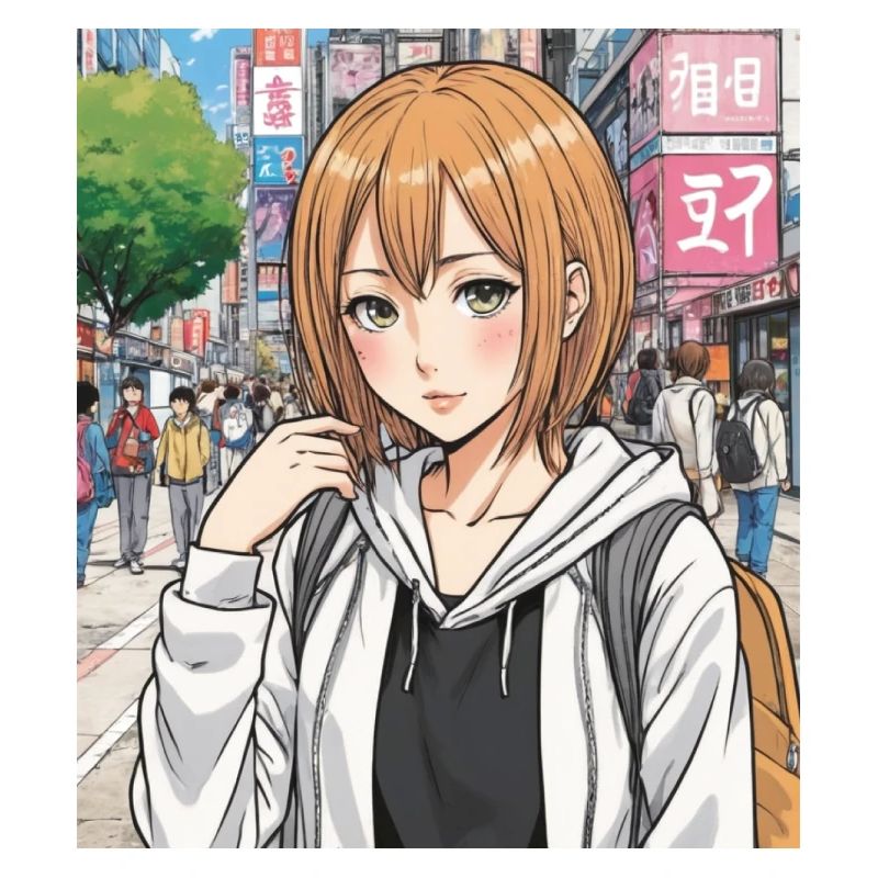 Anime-Figur auf der Straße der Stadt
