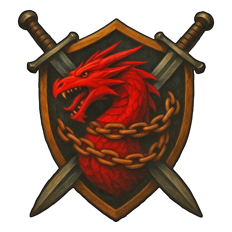 Roter Drache auf Schild mit Ketten
