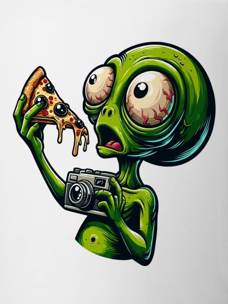 Alien with pizza and camera