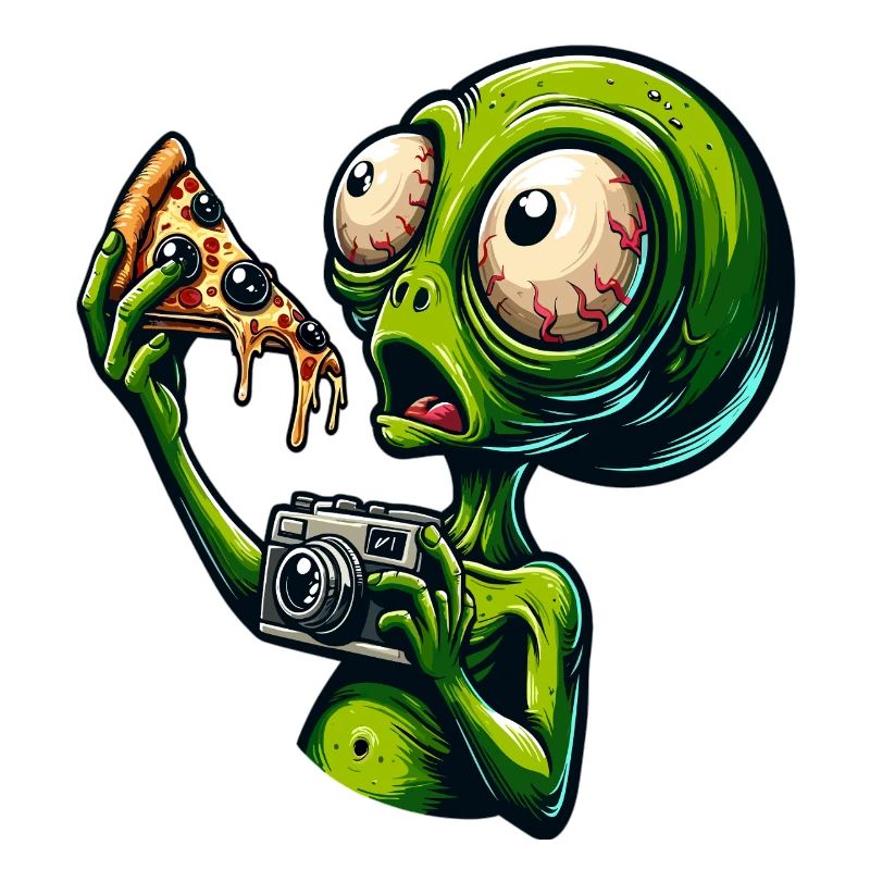Alien with pizza and camera