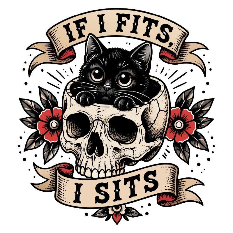 Chat dans un crâne : design de tatouage à l’ancienne