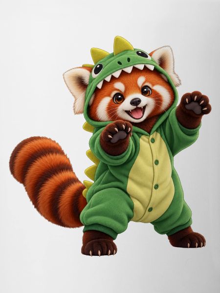 Roter Panda im Dinosaurierkostüm