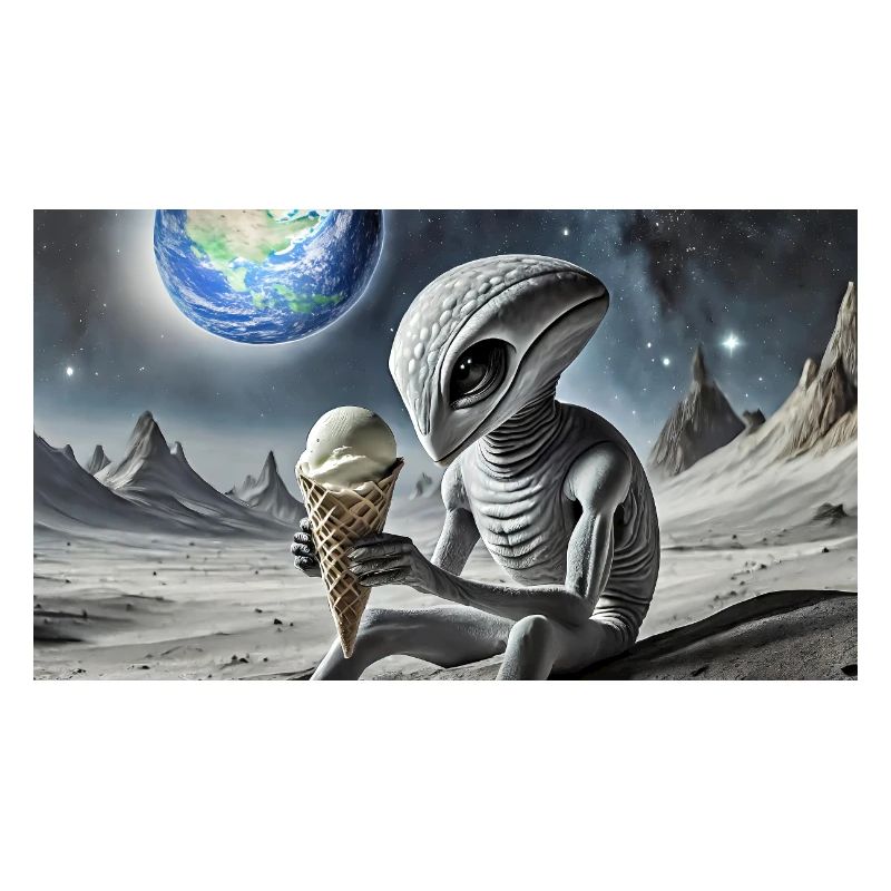 grey alien on the moon surface – eating ice cream