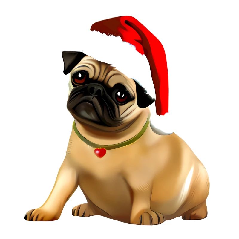 Mops Welpe sitzt mit Weihnachtsmannmütze