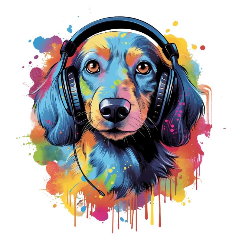 Teckel coloré avec des écouteurs
