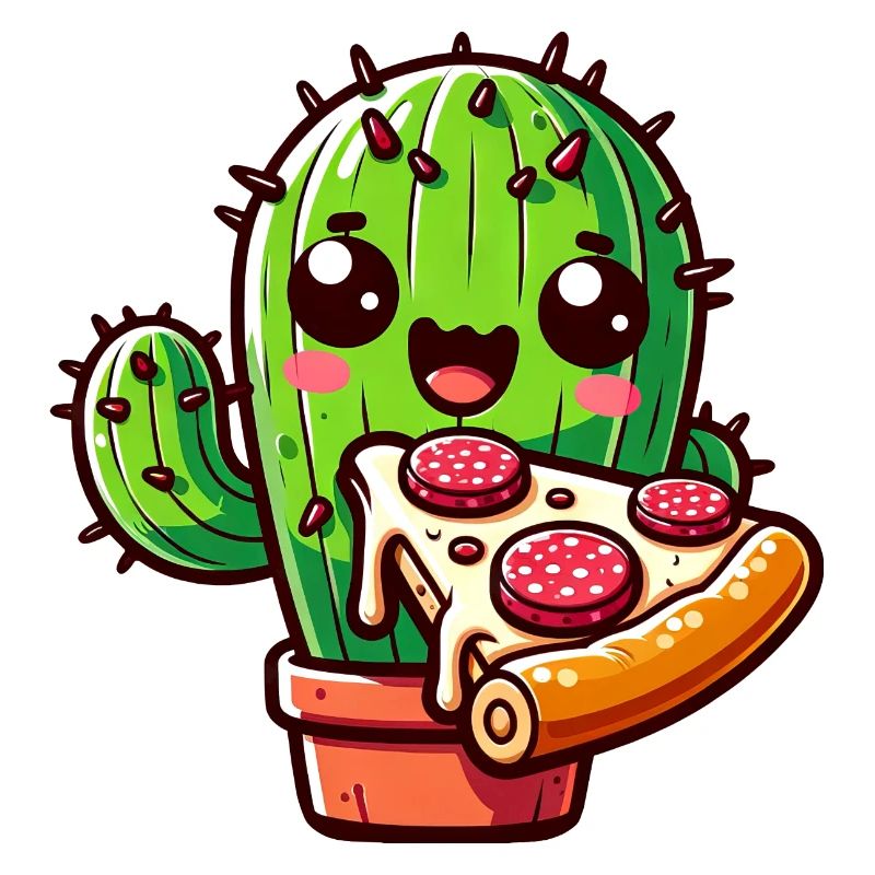 Kawaii Kaktus mit Pizza, Comic-Stil