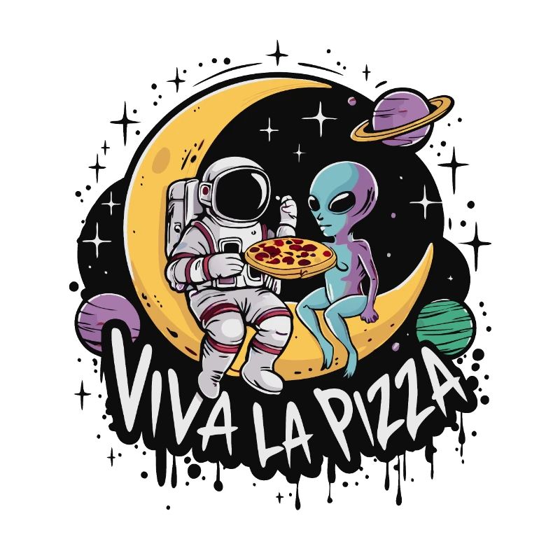 Viva la pizza - Astronaute et extraterrestre mangeant de la pizza