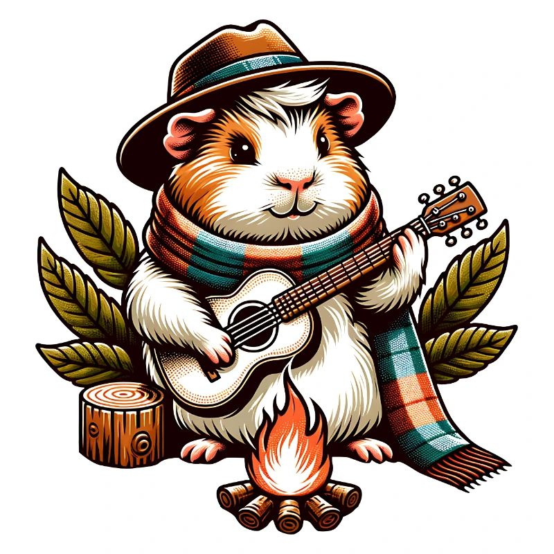 Guinea pig with guitar at campfire camping