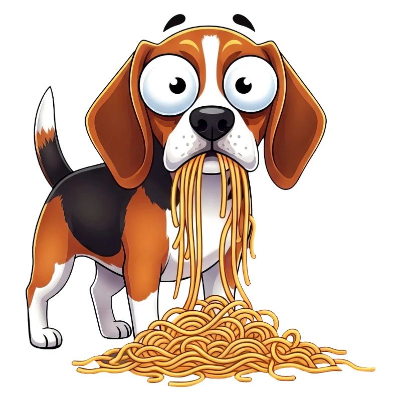 Süßer Beagle mit Spaghetti Clumsy Cartoon Essen