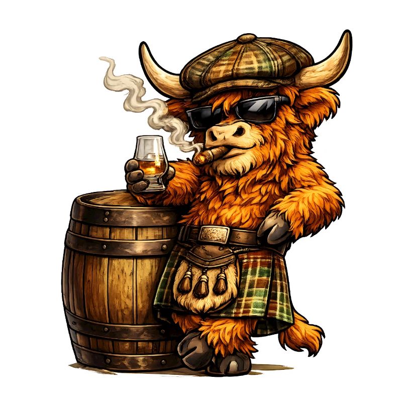 Highland Cattle mit Whiskyfass und Zigarre