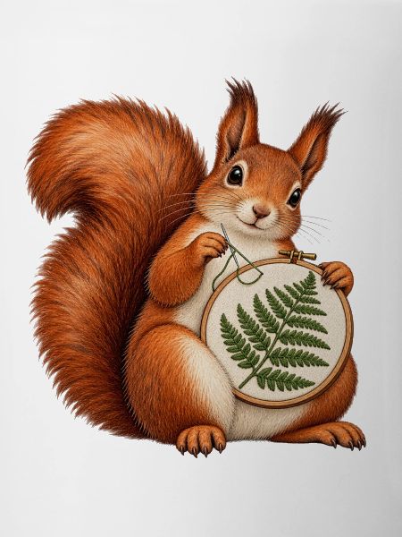 Eichhörnchen stickt einen Farn