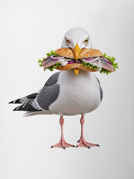 Silbermoewe-mit-Fischbroetchen Möwe