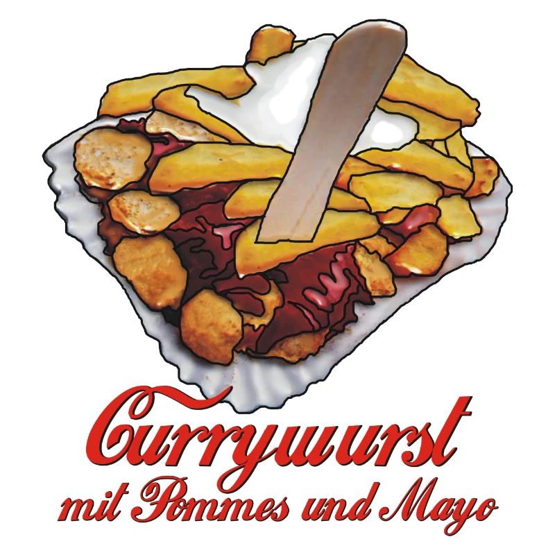 Currywurst with chips, mayo and text
