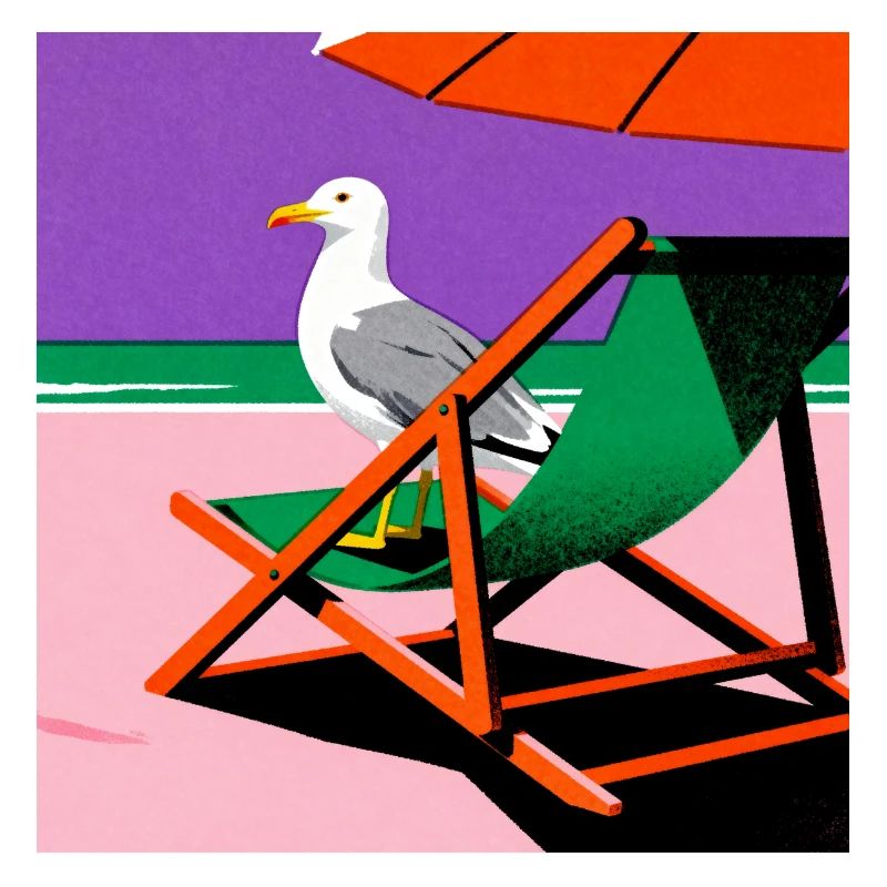 Bunter Strandstuhl und Möwe