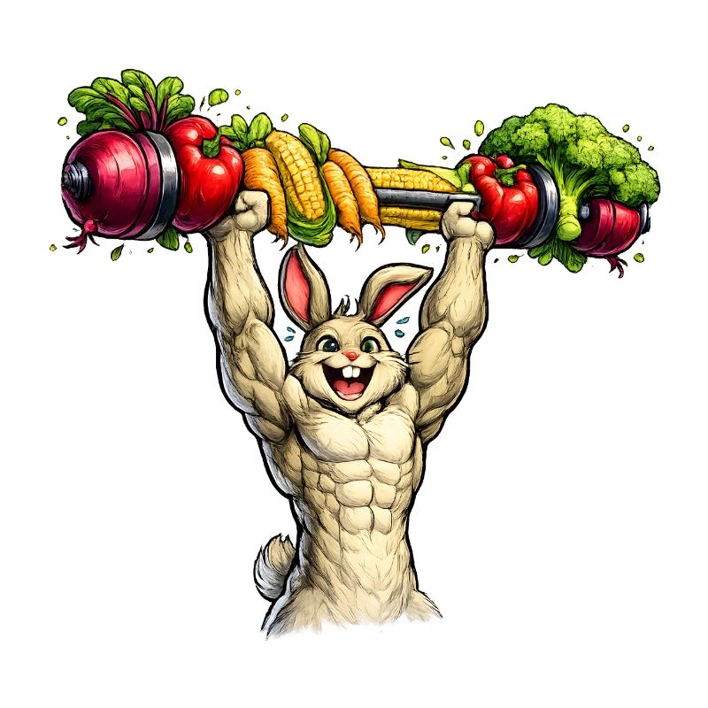 Bunny with muscles and vegetable barbell