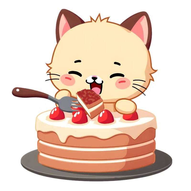 Le chat mange du gâteau