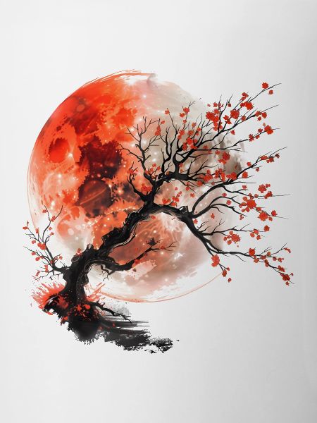 Roter Mond und Kirschbaum