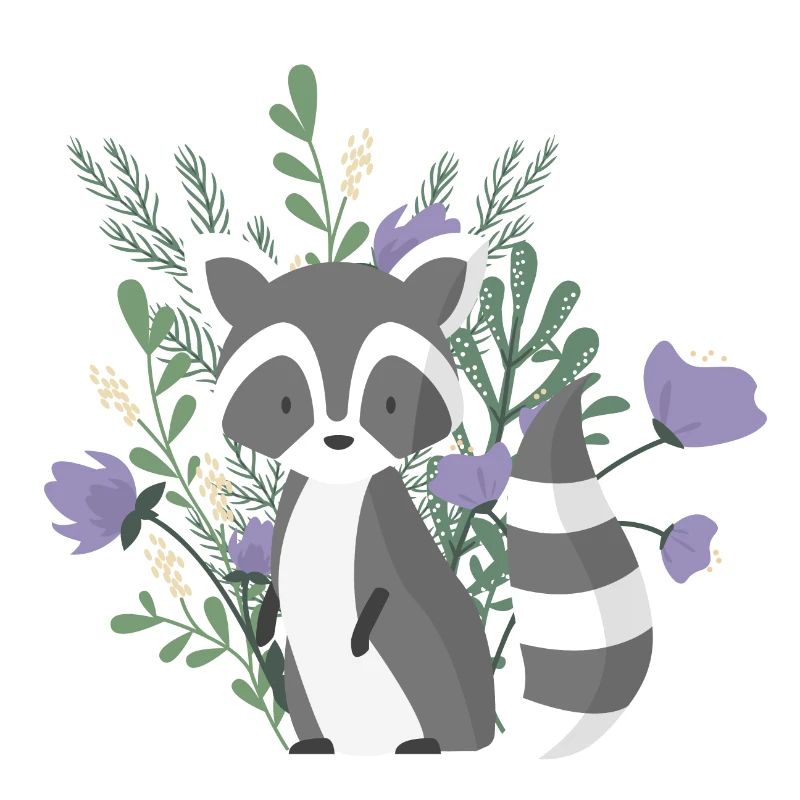 Ours mignon de ract avec des usines et des fleurs pourpres