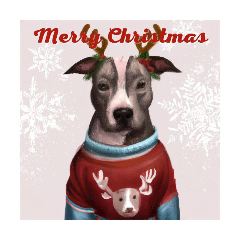 Pitbull-Porträt in einem weihnachtlichen Rentierpullover.