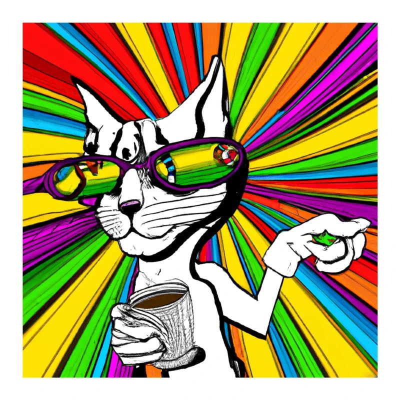 Cat holds coffee cup in psychedelic colors