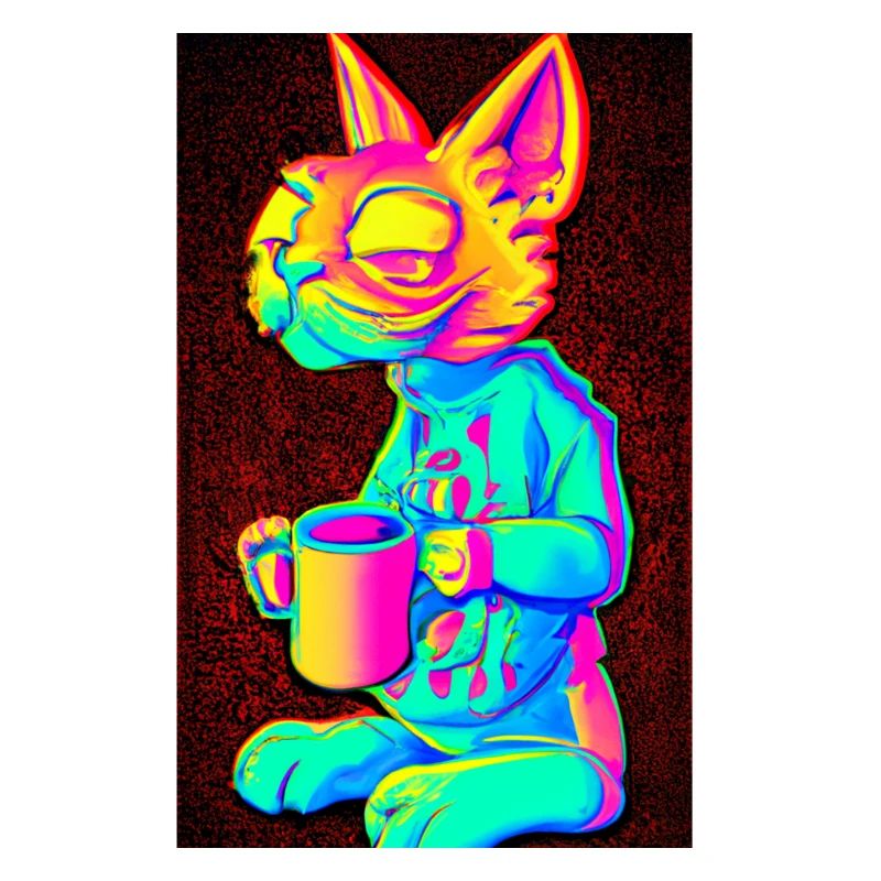 Cat holds coffee cup in psychedelic colors